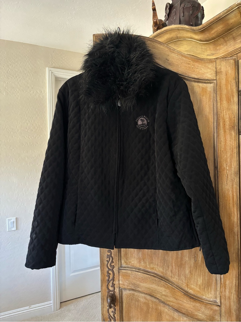 Sport Haley Black Quilted Puffer Jacket with Faux Fur Trim and Pebble Beach Logo